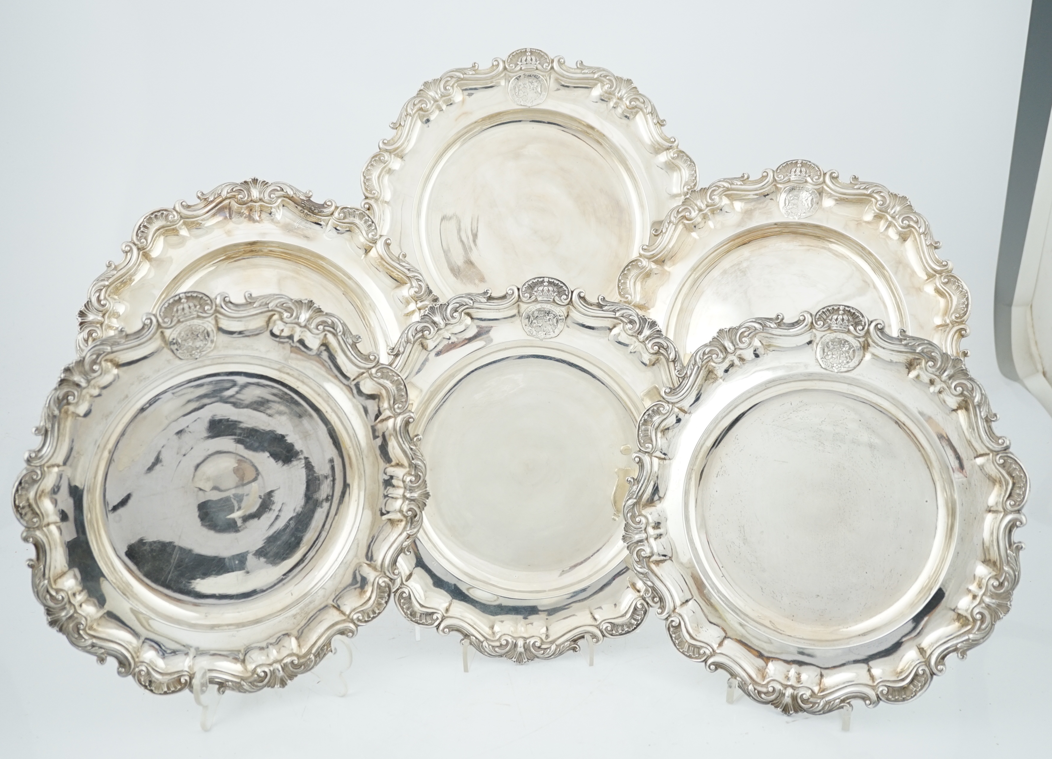 Duke of Brunswick Service: A set of six early Victorian silver dinner plates by John Mortimer & John Samuel Hunt